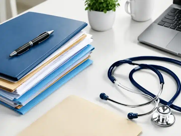 Documents administratifs et dossier medical poses sur bureau blanc