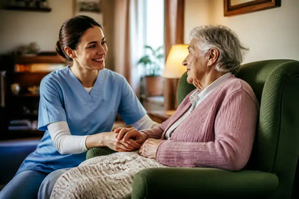 Personne agee recevant visite aide soignante domicile