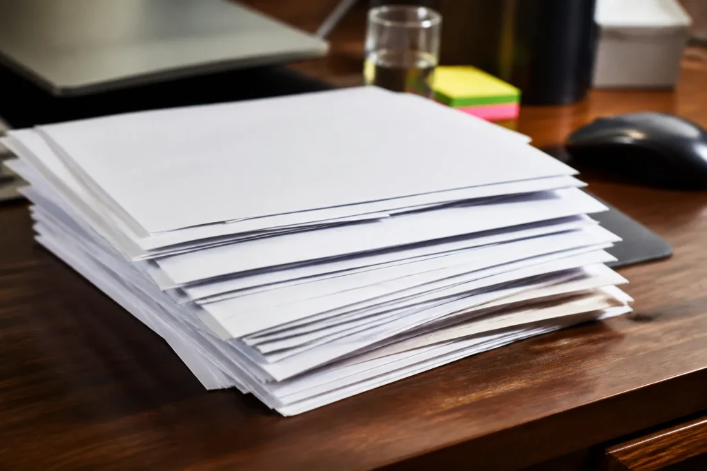 Documents avis imposition et taxe fonciere empiles bureau