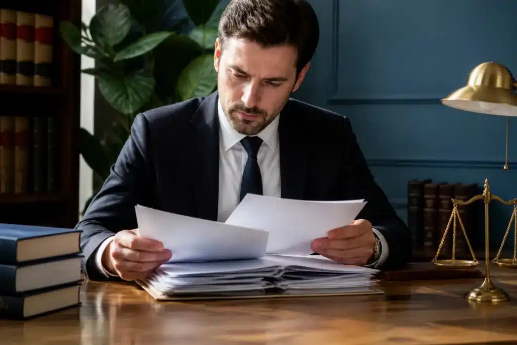 Avocat examines legal documents and inheritance papers at desk