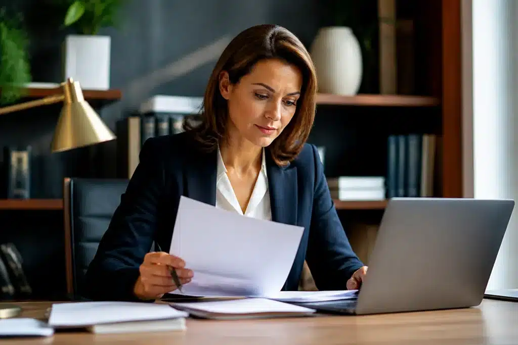 Avocat examinant documents succession devant ordinateur bureau