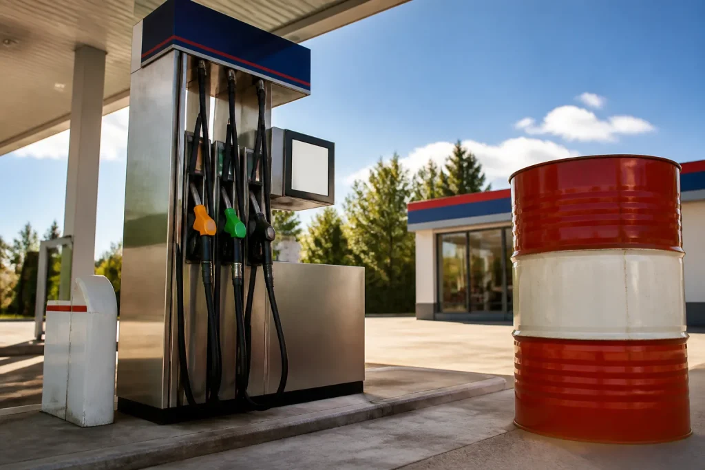 Pompe essence affichant prix carburant avec baril petrole