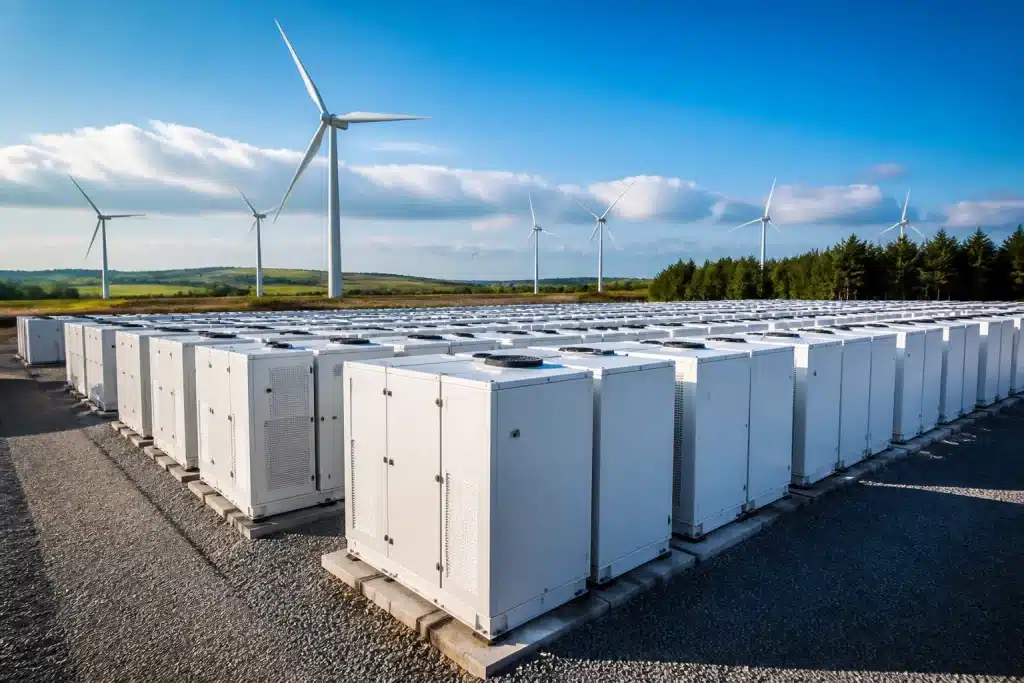 Batteries industrielles géantes stockant l'électricité verte surplus