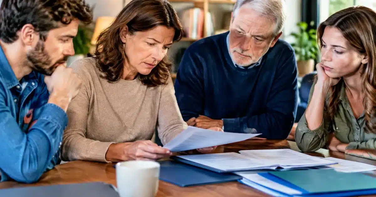Famille assise autour table, documents succession devant eux, visages sérieux