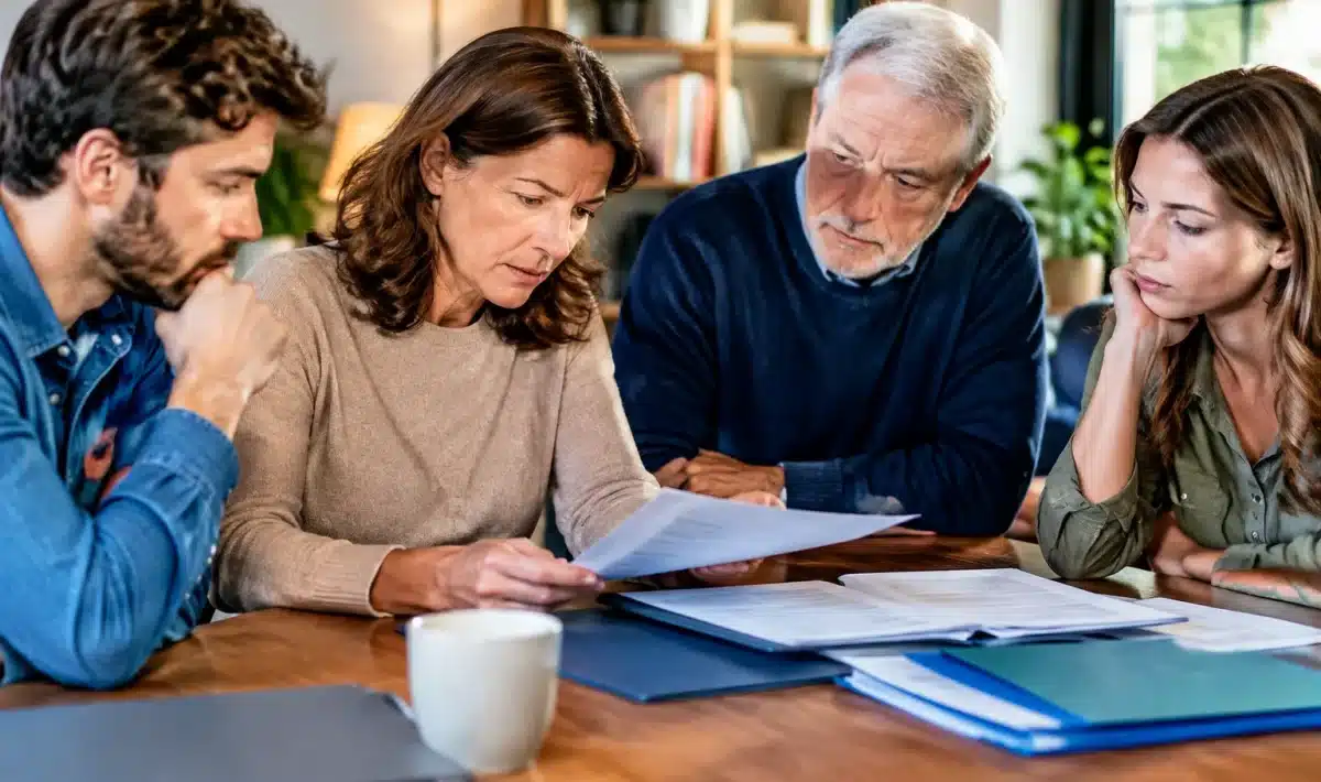 Famille assise autour table, documents succession devant eux, visages sérieux