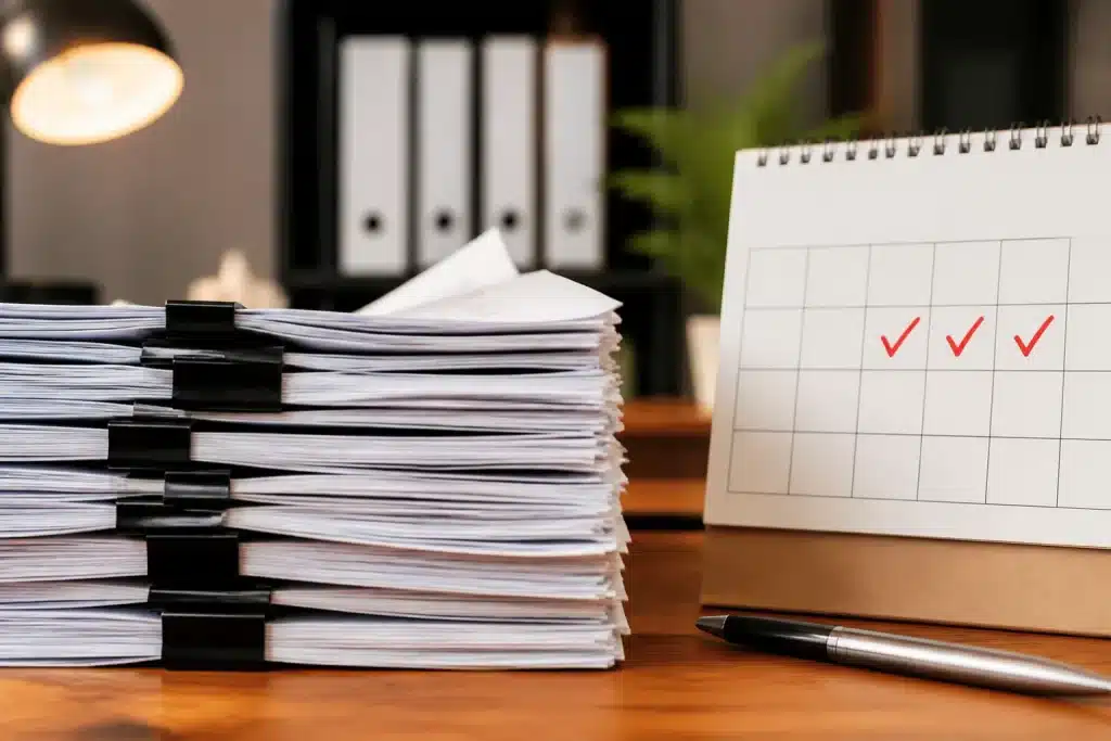 Documents juridiques empiles sur bureau avec calendrier marque trois mois