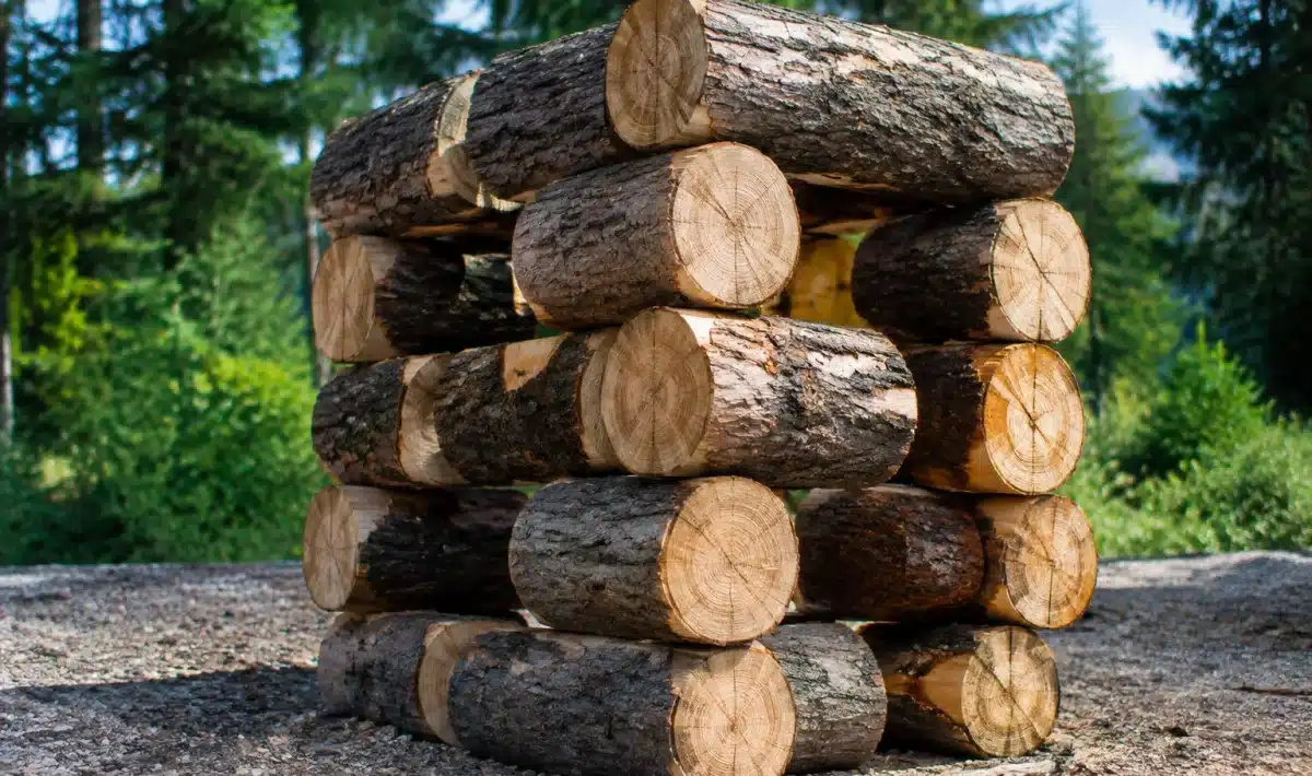 Bûches empilées formant cube avec espaces vides entre segments