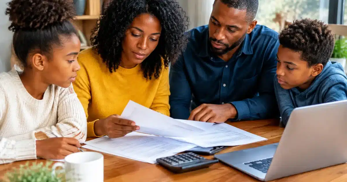 Famille examinant documents budgetaires assis autour table
