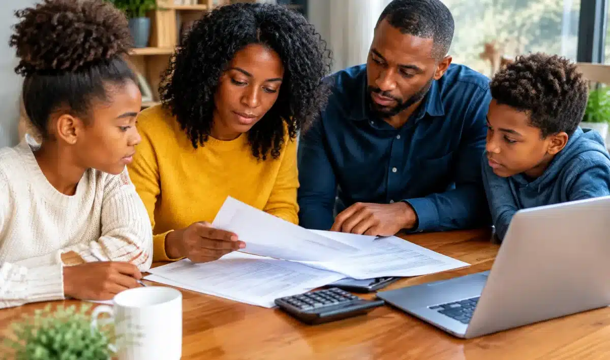 Famille examinant documents budgetaires assis autour table