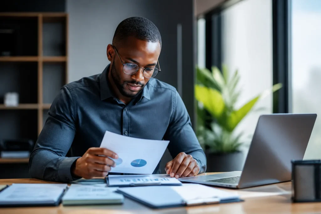 Cadres etudiant des releves financiers et rapports