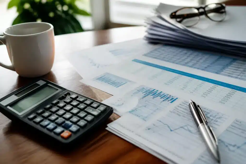 Documents de retraite avec calculatrice et chiffres financiers visibles