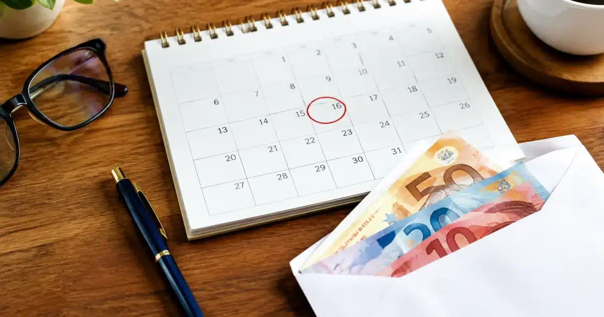 Calendrier ouvert montrant date retraite avec enveloppe pension dessous