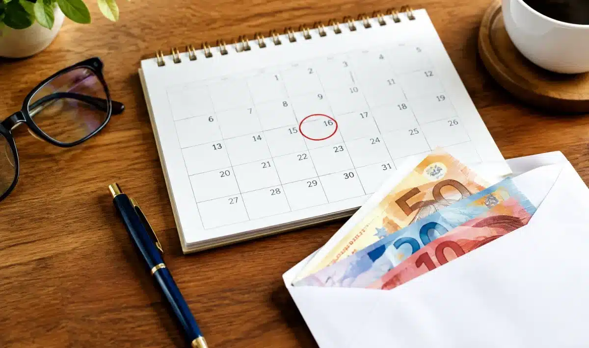 Calendrier ouvert montrant date retraite avec enveloppe pension dessous