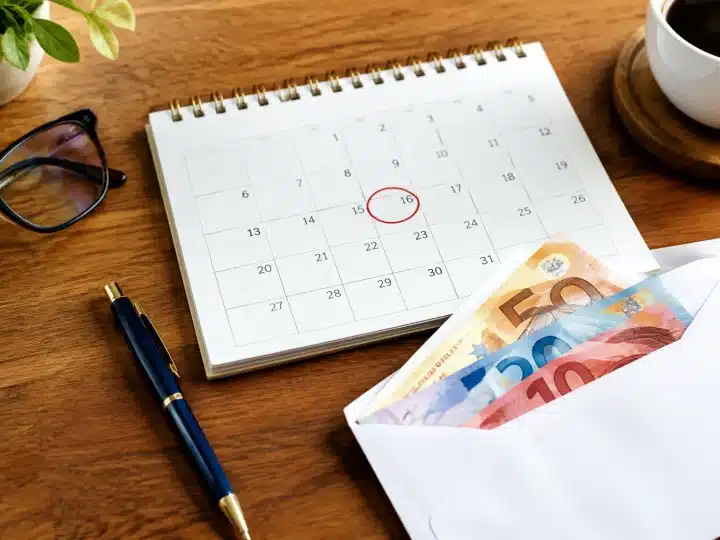 Calendrier ouvert montrant date retraite avec enveloppe pension dessous
