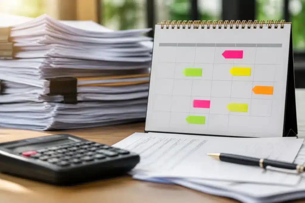 Calendrier fiscal avec dates surlignees et documents impots