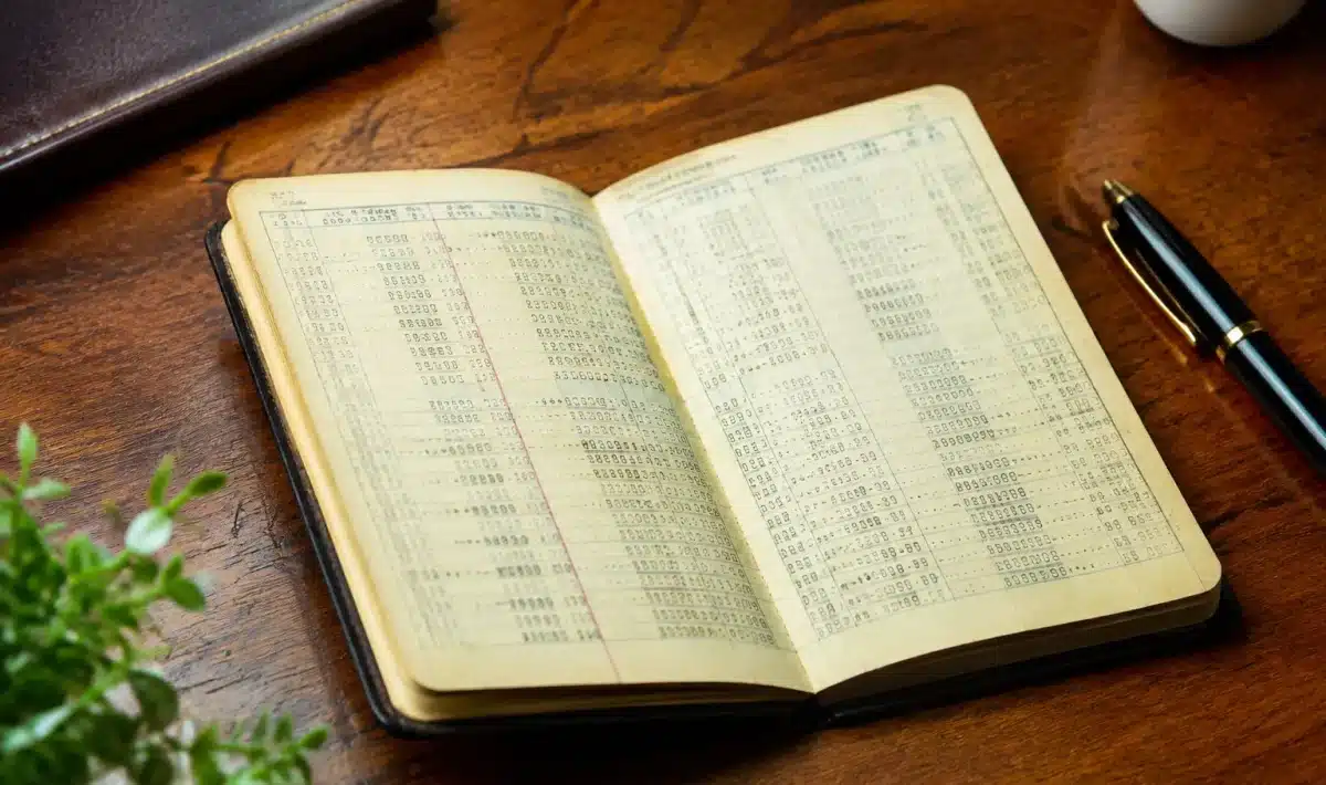 Ancien carnet bancaire posé ouvert sur bois, pages jaunies révélant relevés anciens