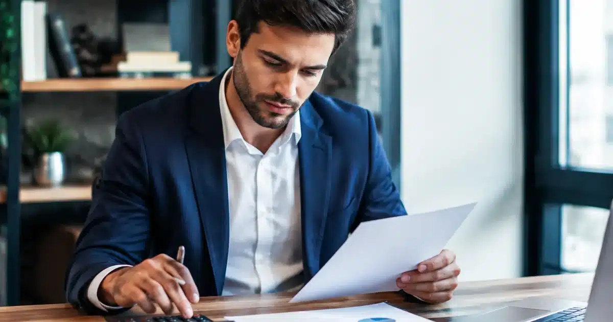 Homme consultant documents professionnels à son bureau avec calculatrice