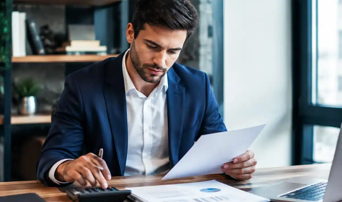 Homme consultant documents professionnels à son bureau avec calculatrice