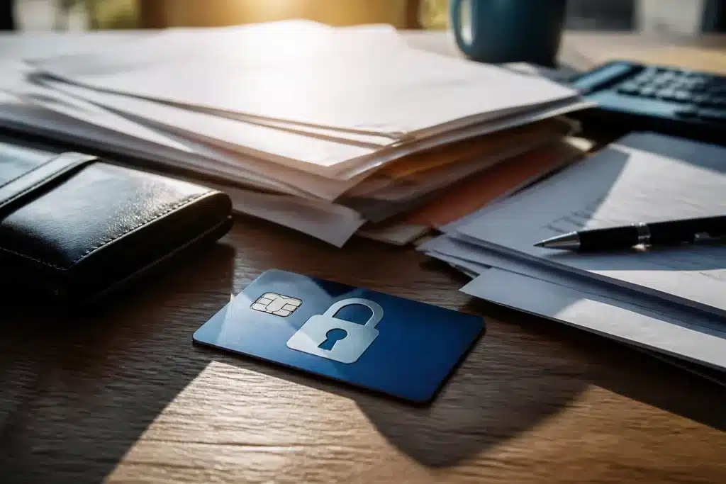 Carte bancaire bloquée sur bureau avec documents officiels
