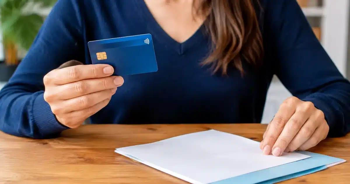 Personne tenant une carte bancaire avec documents de tutelle a cote