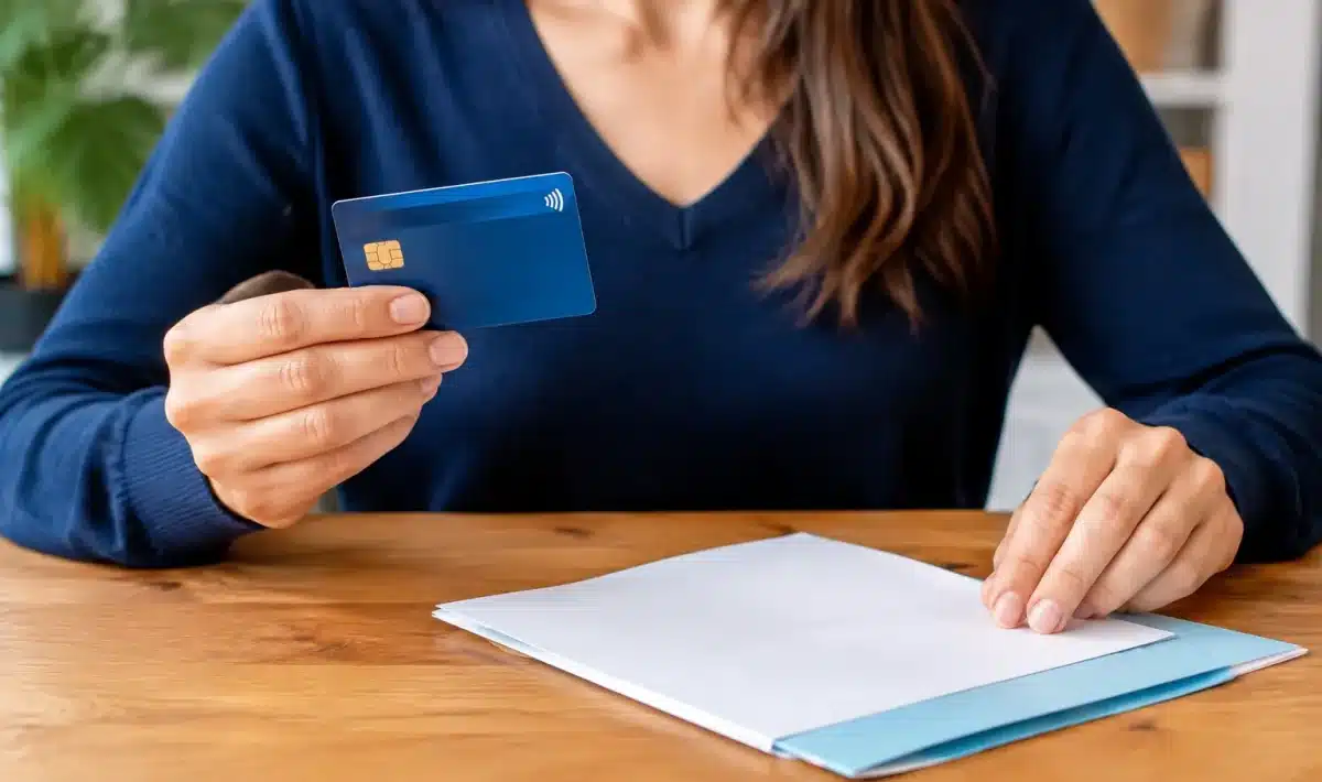 Personne tenant une carte bancaire avec documents de tutelle a cote