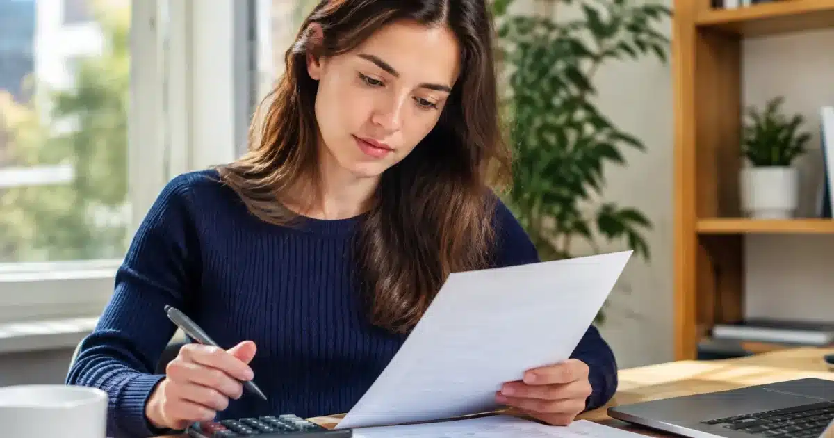 Personne tenant documents financiers avec calculatrice et stylo