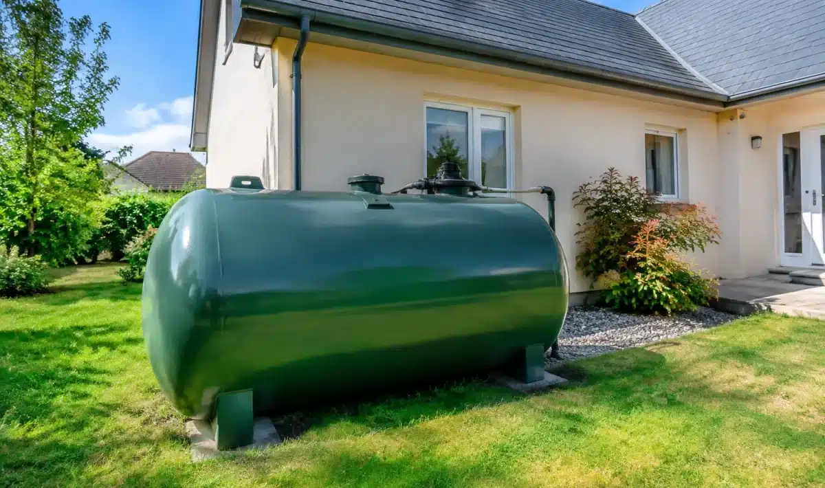 Citerne de fioul posée au sol devant maison individuelle