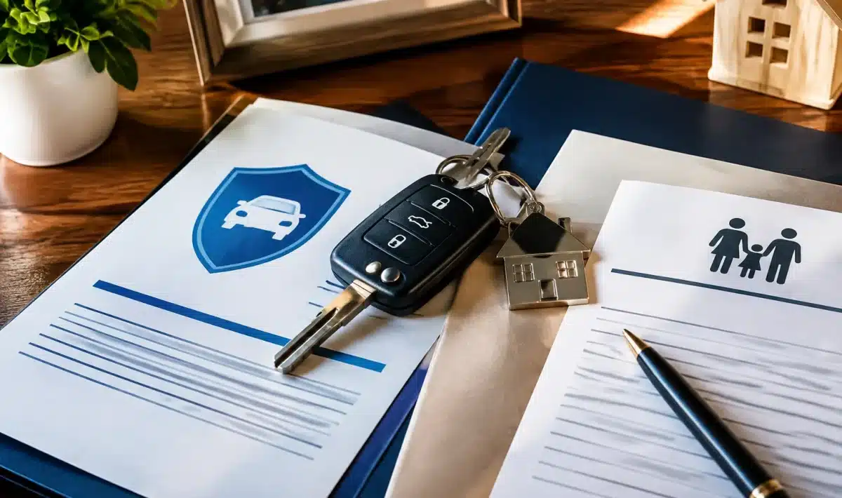 Cles de voiture posees pres de documents d'assurance et contrats successoraux