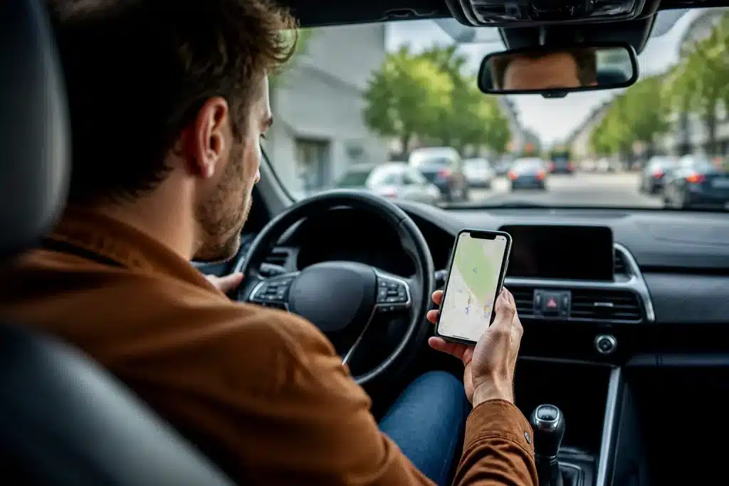 Conducteur comparant prix stations essence sur smartphone en voiture