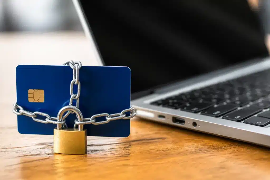Carte bancaire bloquee avec cadenas pres ordinateur portable