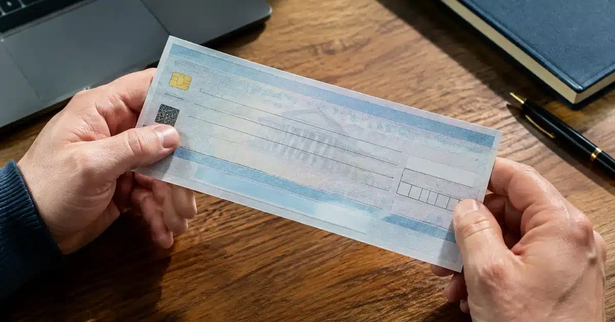 Deux mains tenant un document bancaire au-dessus d'une table