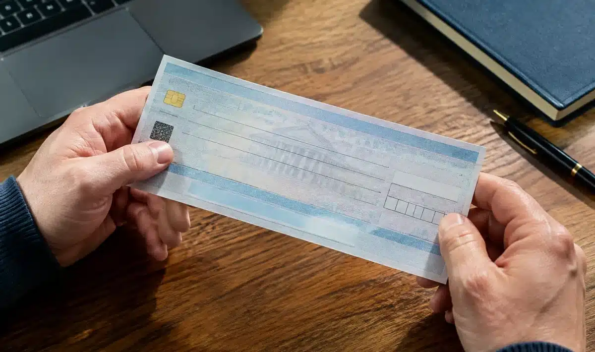 Deux mains tenant un document bancaire au-dessus d'une table