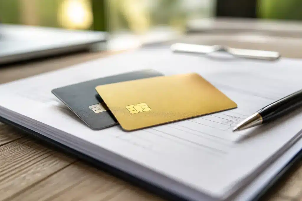Deux cartes bancaires sur documents financiers signés