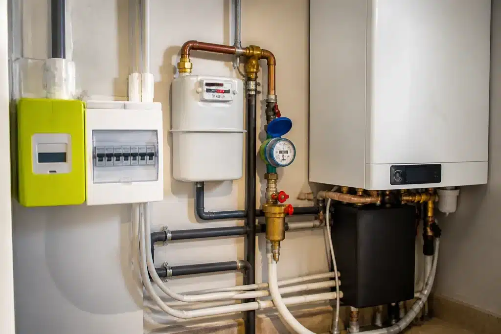 Compteurs eau gaz electricite et chaudiere domestique visibles