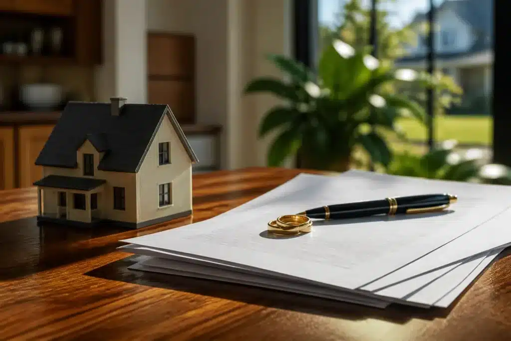 Maison avec documents légaux et alliance sur table
