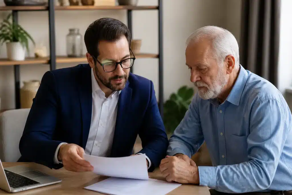 Conseiller retraite examinant documents administratifs avec client senior