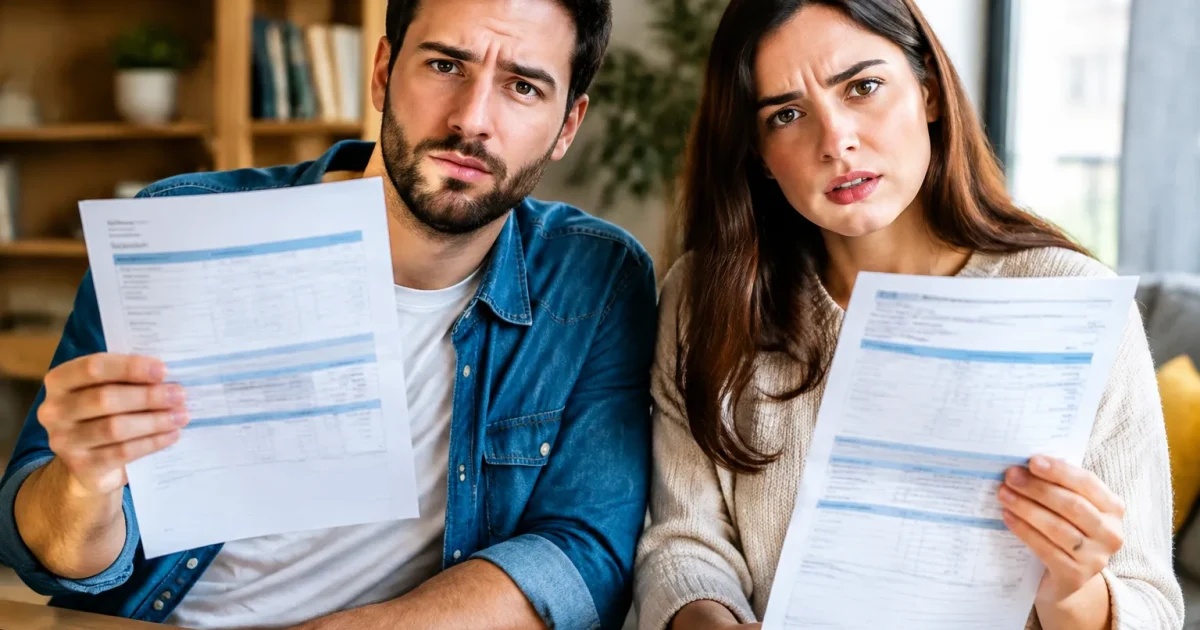 Deux contribuables tenant documents d'impots montrant montants distinctement inegaux