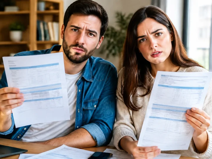 Deux contribuables tenant documents d'impots montrant montants distinctement inegaux