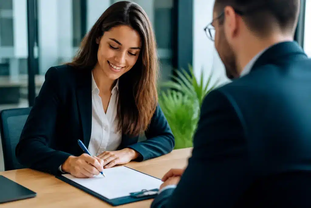Employé à mi-temps signant contrat avec stylo bleu