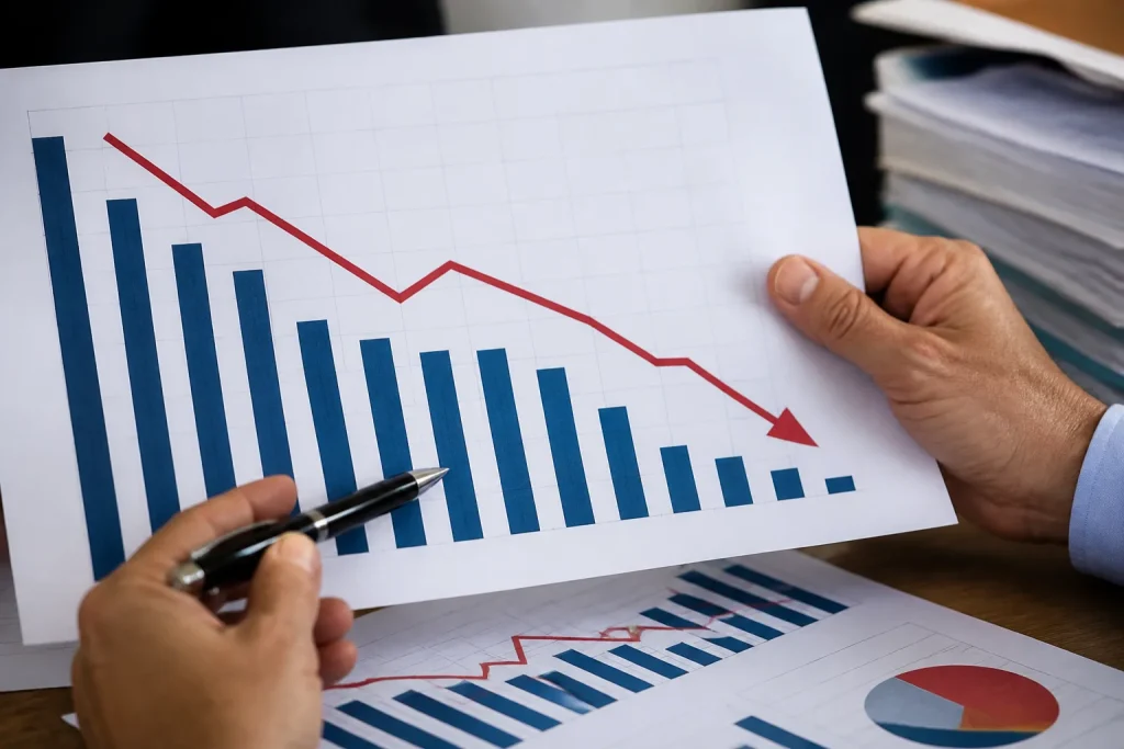 Graphiques financiers montrant coupes budgetaires drastiques
