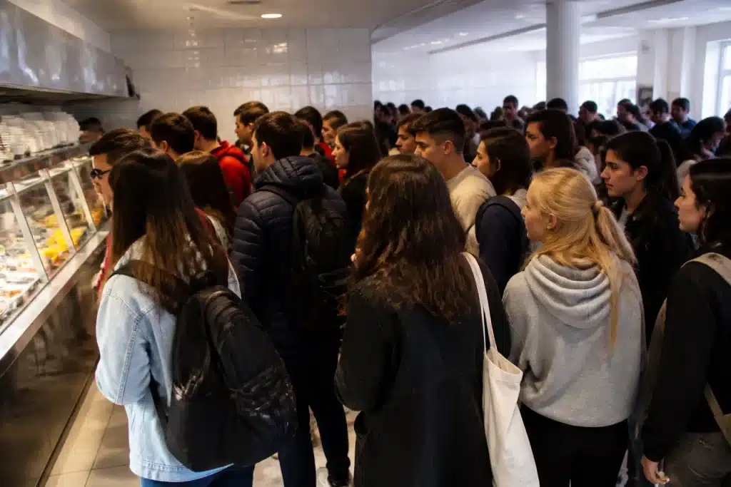Etudiants attendant en longue file dans restaurant universitaire bondé