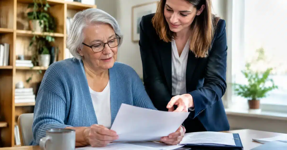 Personne agee assise tenant documents financiers avec gestionnaire debout a cote