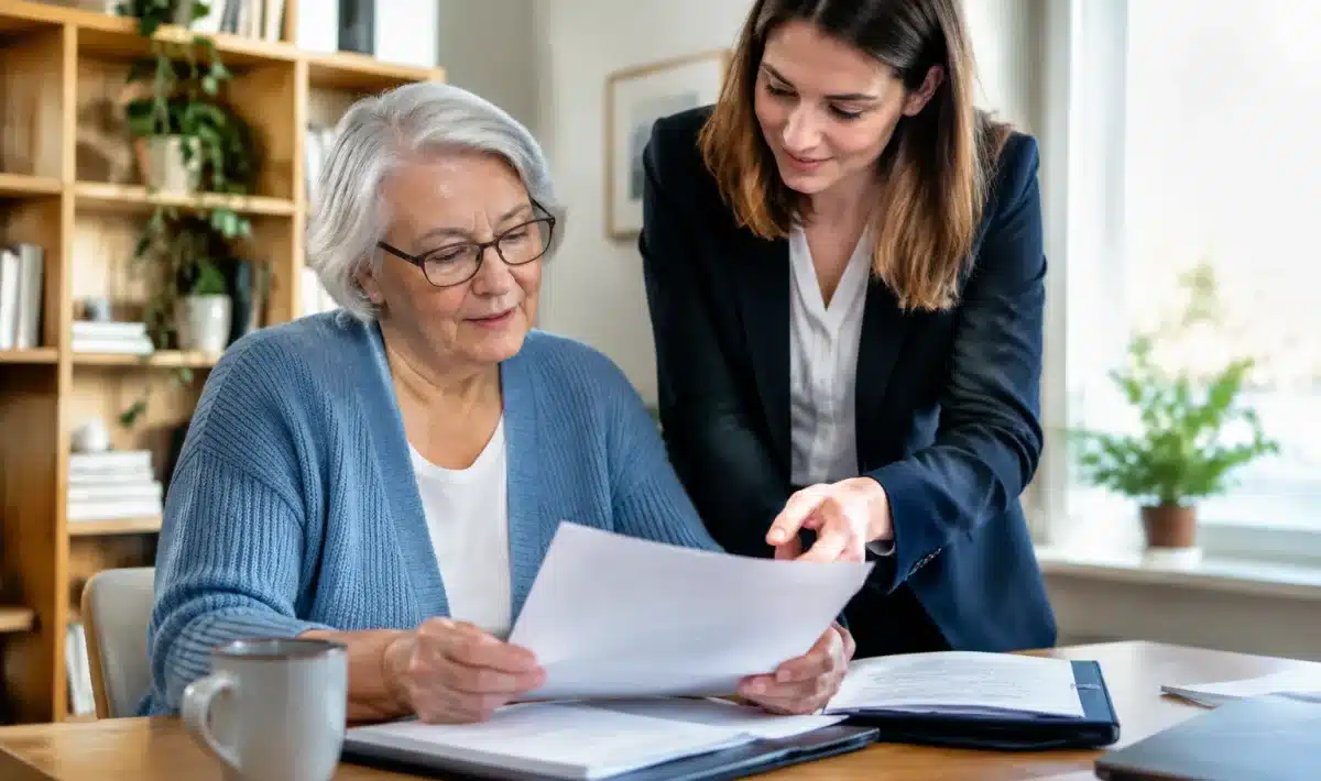 Personne agee assise tenant documents financiers avec gestionnaire debout a cote