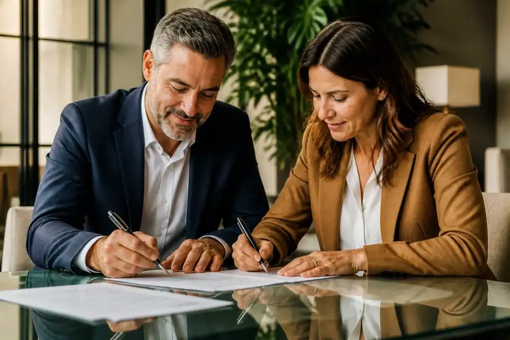 Deux personnes signant ensemble document financier important
