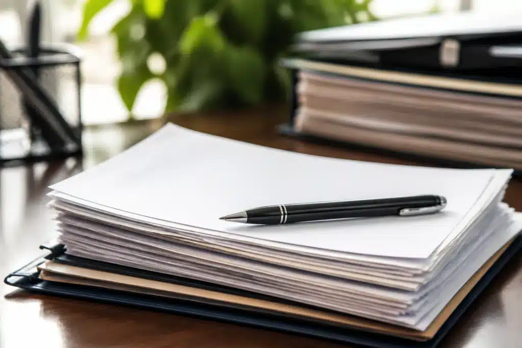 Papiers juridiques et stylo sur bureau administratif