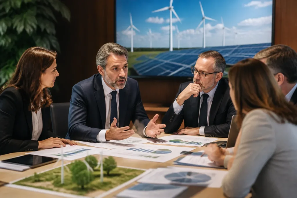 Politiciens debattant autour table avec documents energie