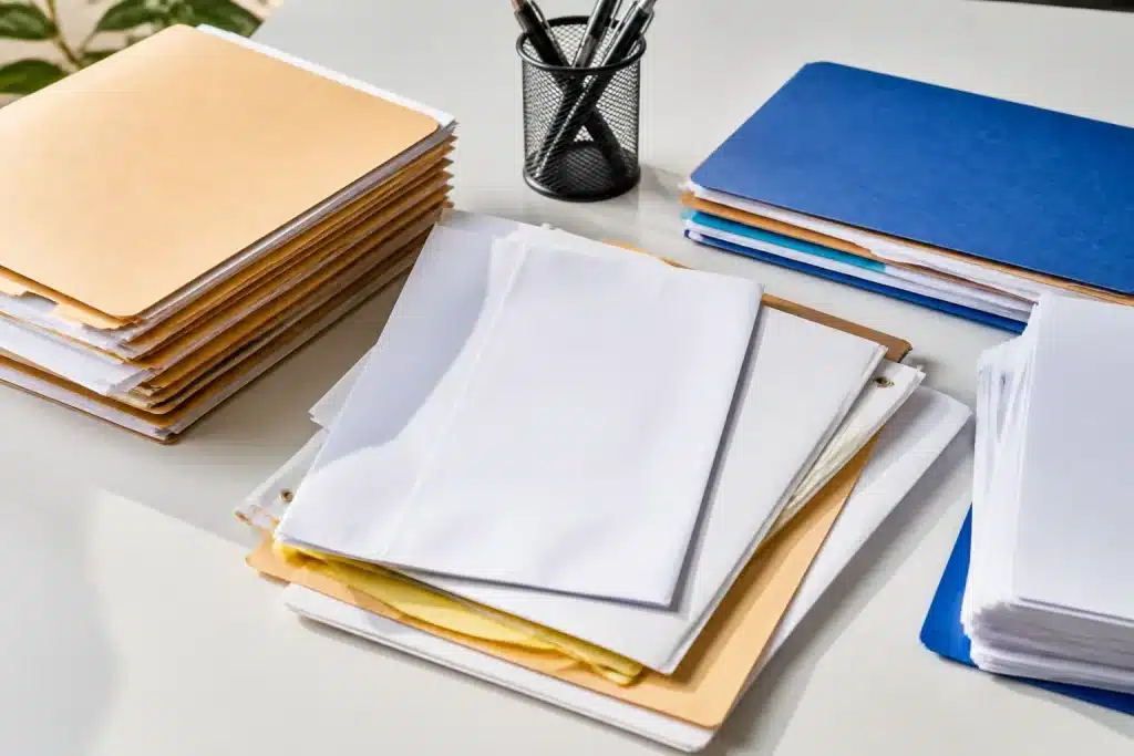 Dossiers administratifs et documents officiels sur bureau blanc