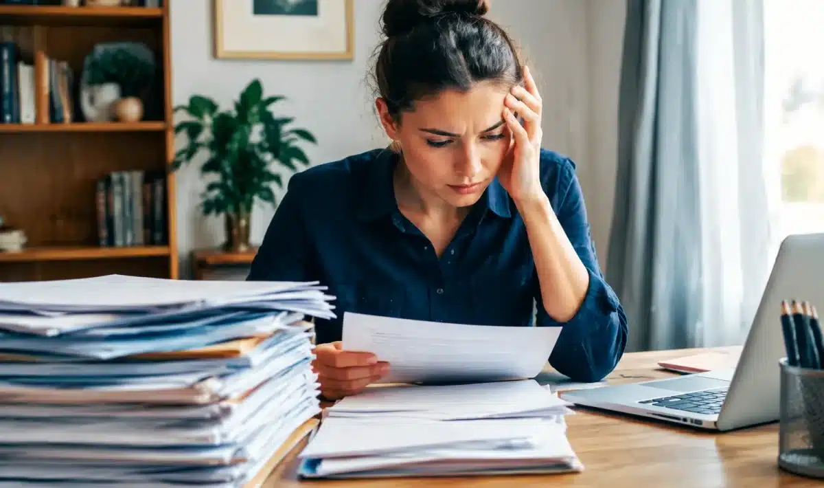 Personne assise a un bureau avec formulaires d'impots empiles devant elle