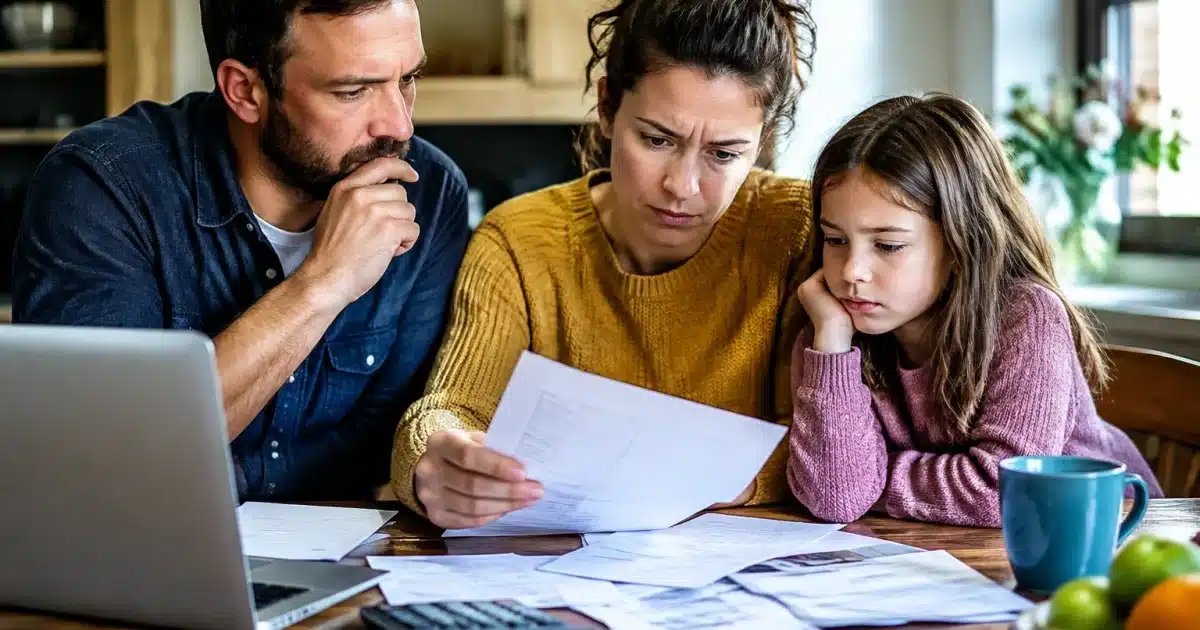 Famille autour d'une table consultant documents administratifs urgents