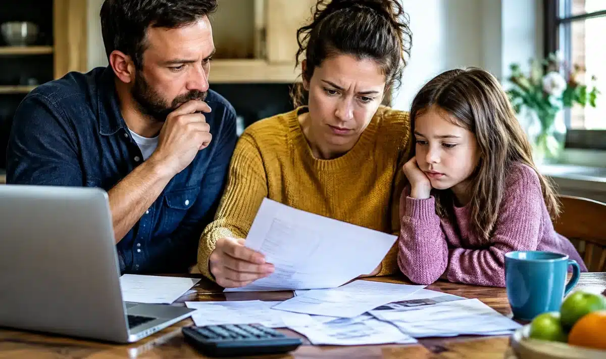 Famille autour d'une table consultant documents administratifs urgents